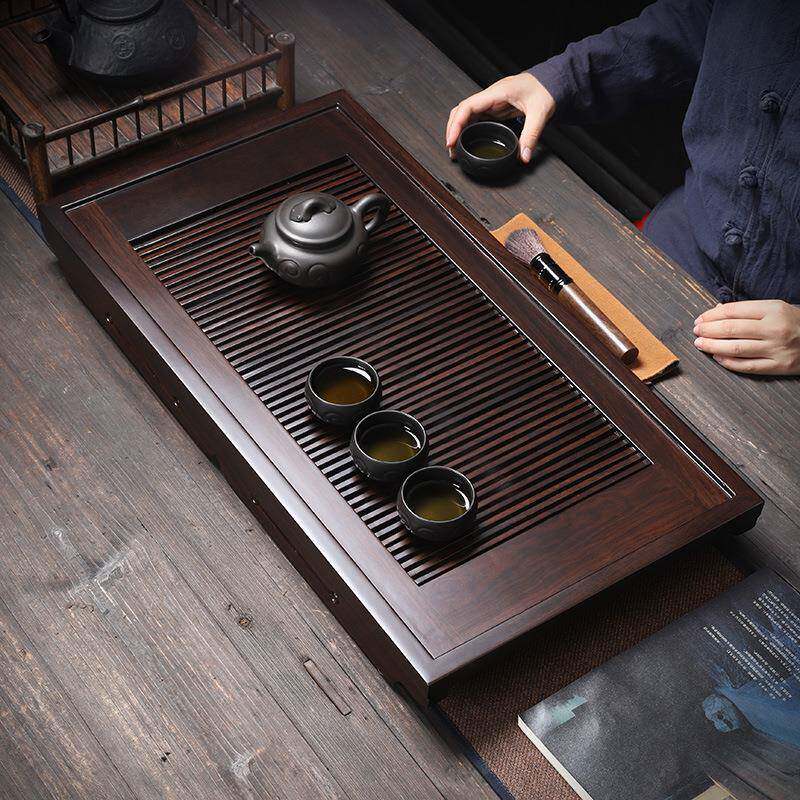 家用黑檀木锈黑实木茶盘茶台茶海不钢蓄水排双用底水盘tfq1346简