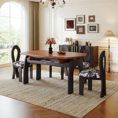 中古风实木折叠餐桌可变圆桌家用小户型2025年新款可伸缩法式圆形