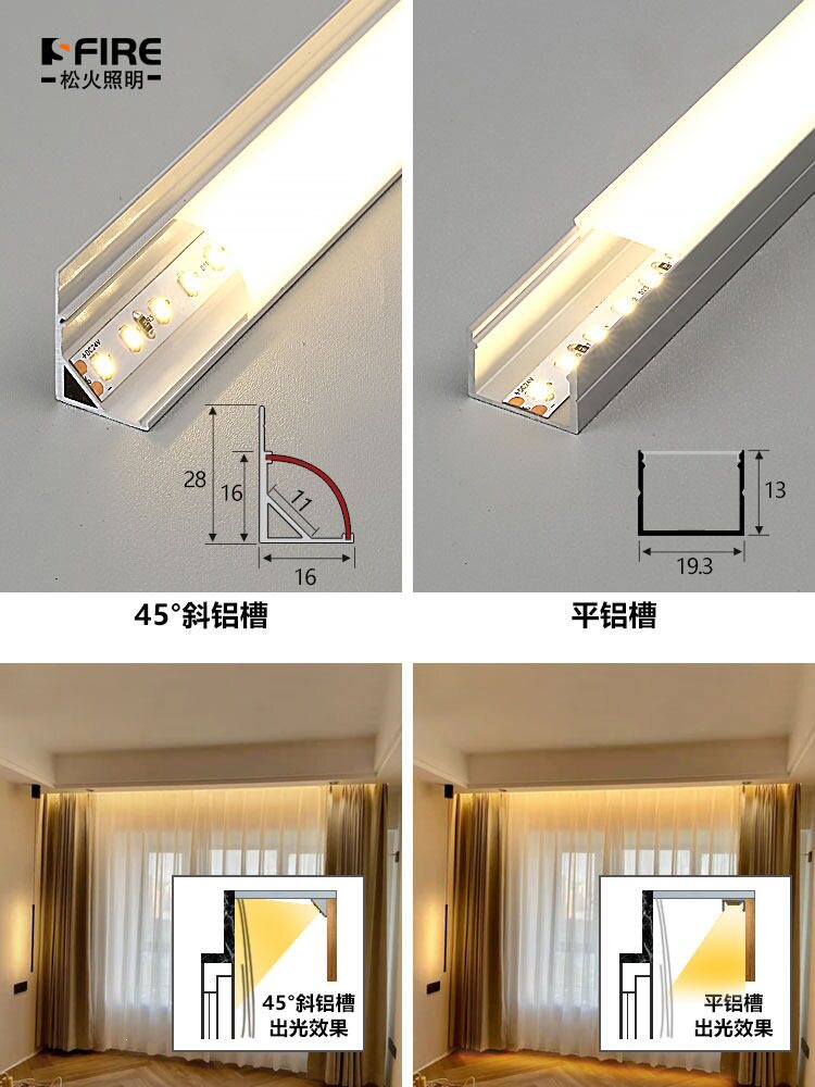 45度斜发光灯槽窗帘盒灯带卡槽悬浮吊顶明装反光线形氛围灯条铝槽
