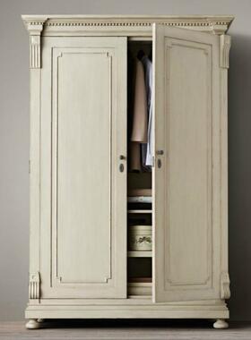 美乡村实木衣柜双开门仿IVY古复卧古白色做式旧木对开门双门橡衣