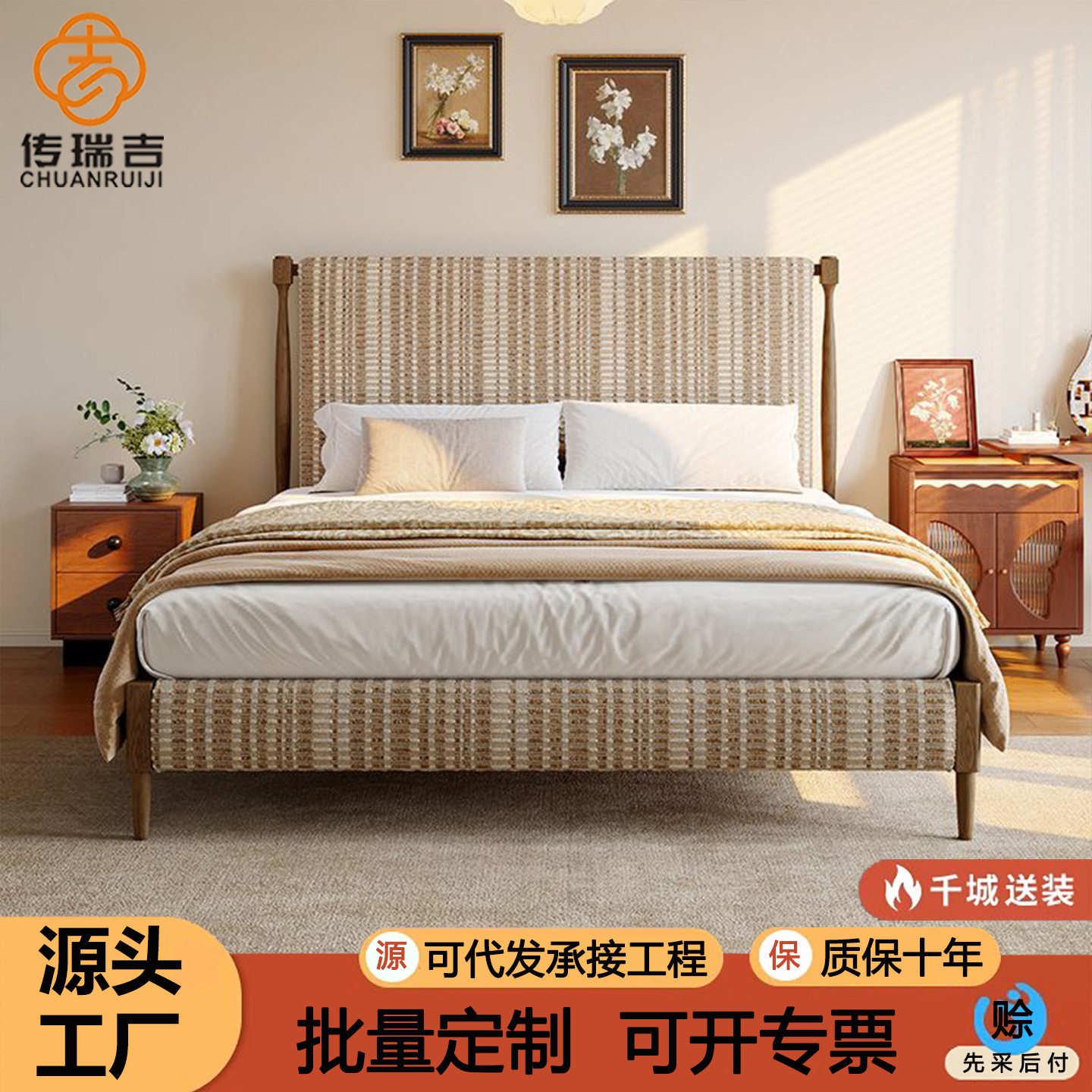 法式中古风实木床布艺双拼家用主卧大床1.5米双人复古软床1.8主卧