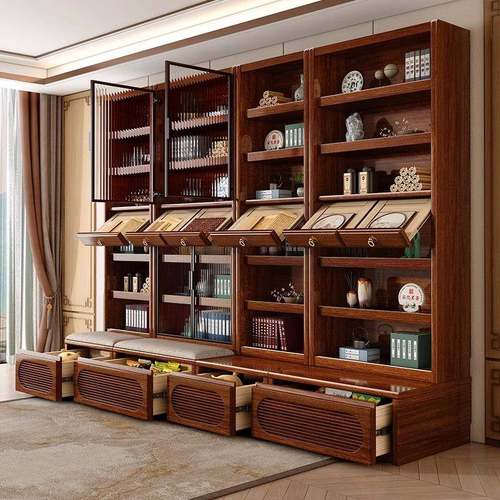 胡木书柜合实木带玻璃门客组一体54305整墙落地书架展示桃储物收