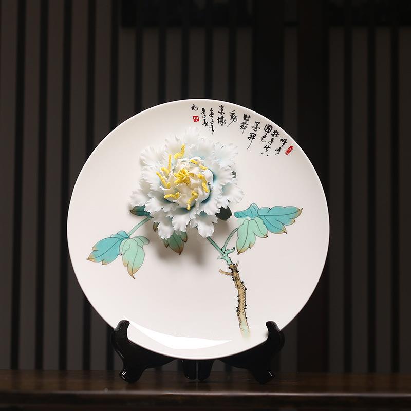 陶瓷手牡丹花挂盘家居UNU客厅办工饰公室会所样房软装乔迁板礼品