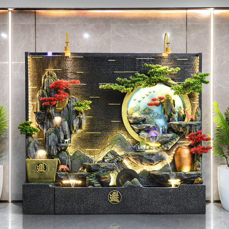 大型水幕墙流水屏风公司酒店庭院隔断假山流水客厅循环水落地摆件