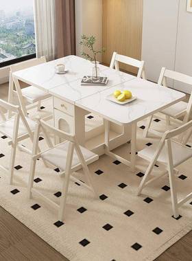 奶油风实木折叠餐桌椅合多功能组折叠桌FHC小户型可吃移餐动饭