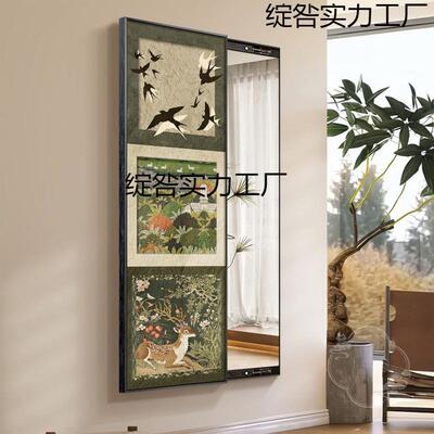 中古风式隐藏式推拉全身镜装帽饰画法衣形间镜BWM子隐穿衣镜玄关壁画