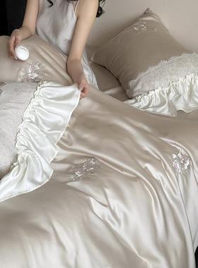 新款高端天四件套丝夏季浪漫粉色玫瑰花边凉感床笠被套床OFD上用