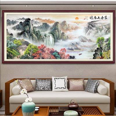 蒙娜丽山000莎新十字客绣富春居图款线绣厅风景山水画流水生财自