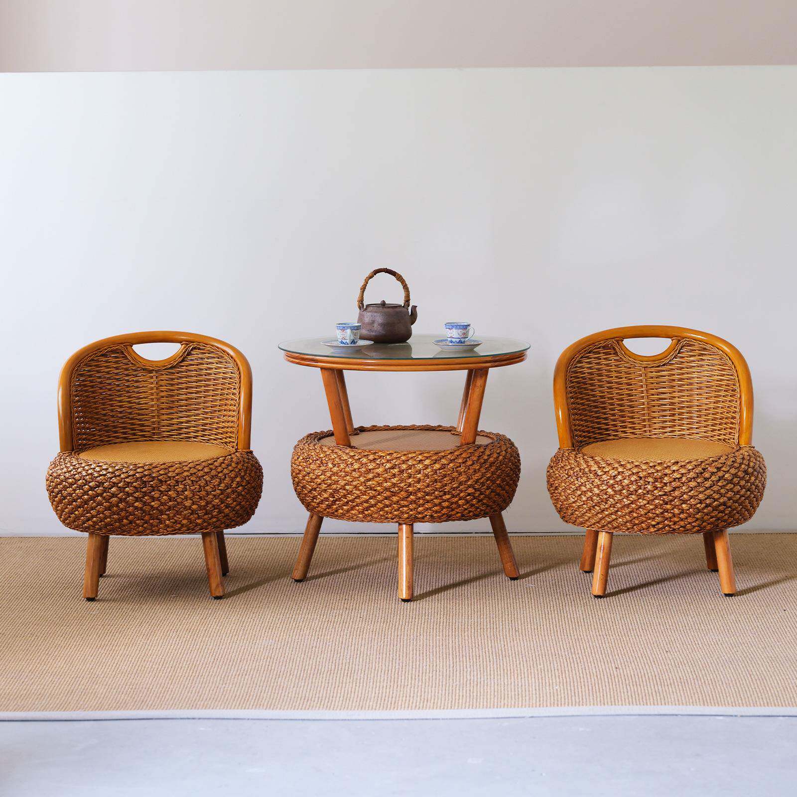 阳台矮藤椅三件套简约藤条编织靠背休LDCZ-2椅小茶几圆形藤老编人