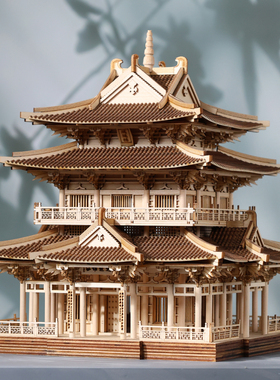 新中式摆件成品古建筑模型桂林逍遥楼场景模型原木色书房软装饰品