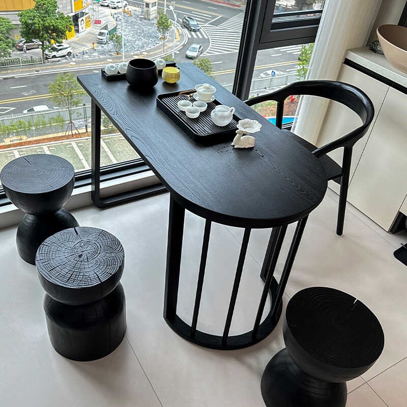 新款侘寂风阳台小型茶桌椅组合新中式泡茶桌炭黑色干泡Z茶台靠墙