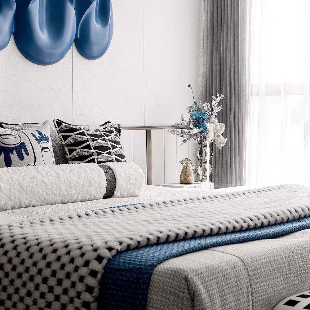 现代风蓝儿童房床品色2024-6-4系搭毯抱枕样板间床品软上装10用件