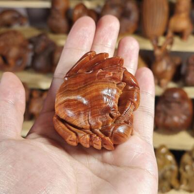 崖柏陈化料木雕招财螃蟹工艺摆件八方来财财运亨通实木文玩把件