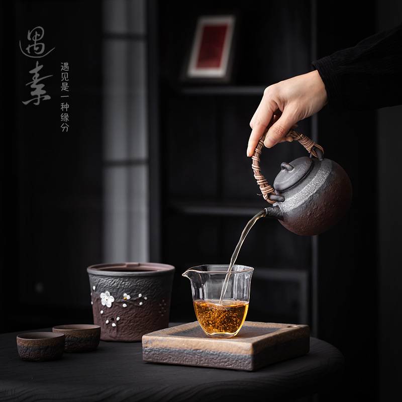 酒精炉煮茶壶套装家用煮茶器粗陶提梁壶蜡烛加热底座酒精灯烧水壶