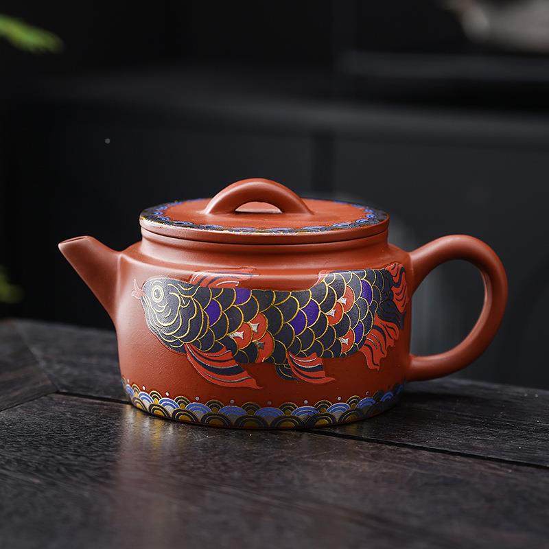 款紫砂茶家壶紫砂茶壶用功夫新泡茶器单壶个国潮青花龙鱼汉瓦球孔