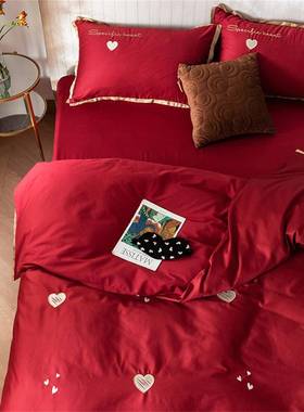 爱心刺绣结婚庆红色棉婚床品60支长纯绒QL棉四件套1人.8m双新套件