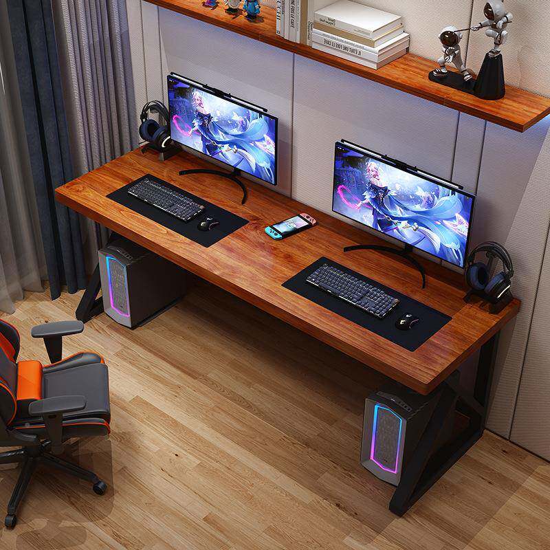 K*木电脑工桌书桌台式松实木双桌人家用办公写字桌电dnz竞长条作