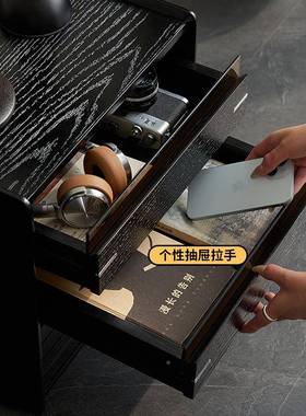 意式极简实木床头柜床小型储卧家用黑色CTG-15室边柜超窄夹缝收纳