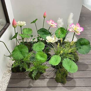 仿饰真造景PCSFU荷花带杆仿真花荷落地酒店餐厅假叶花装花道具绢