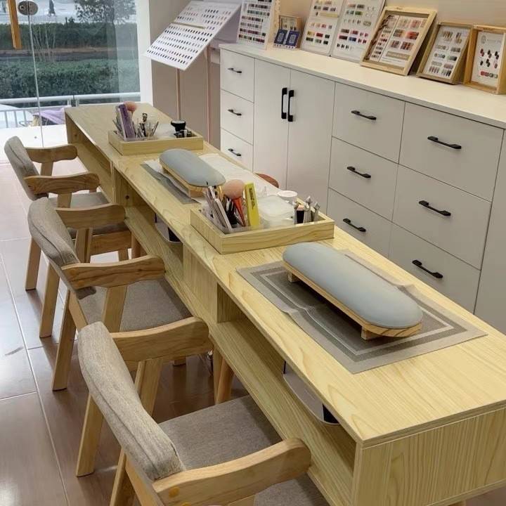 实木美甲桌网红日式美甲台带内嵌吸尘器简约美甲桌椅套装