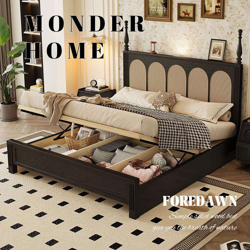爆款热卖藤编美式床复古床主卧家用1米5的床小户型床储物床实木床