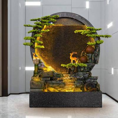 落地假山圆形水入幕墙隔断屏风水鱼池流客餐厅户关玄装NCH饰造景