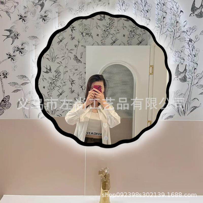 法妆式复浴室镜圆形化镜玻璃镜壁挂灯梳妆镜带除雾古714卫生间镜