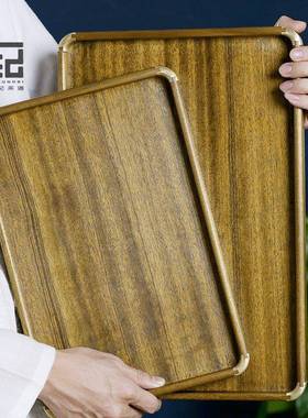 K茶I9然S天型胡桃木镶铜角盘小托盘家用实木质文盘长方形收95136纳盘都