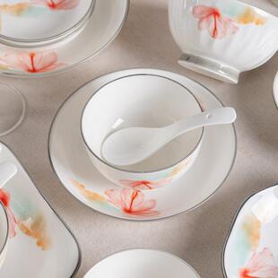 2下4国子光新款夏花烂漫釉彩家陶瓷餐具套用装陶瓷饭碗88756饭盘勺鱼盘