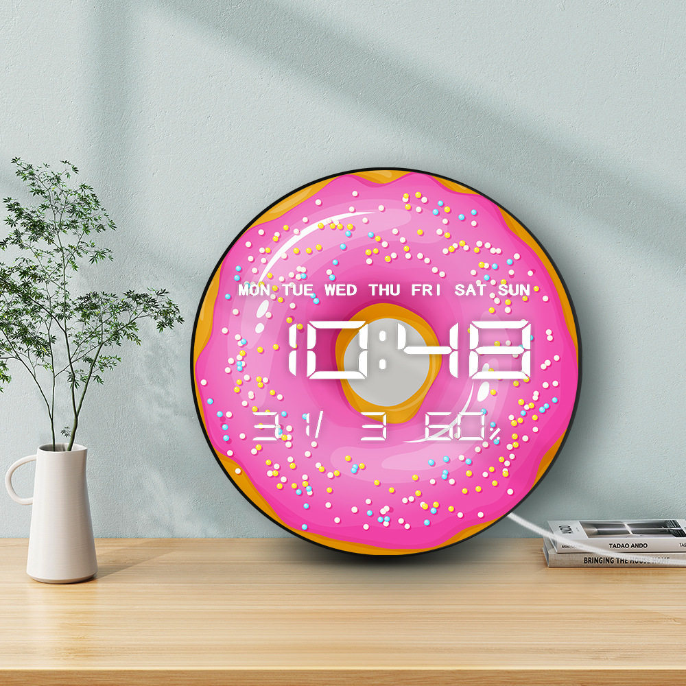 不同口味甜甜圈简约挂钟电子多功能家用时钟带温度湿度静音墙钟