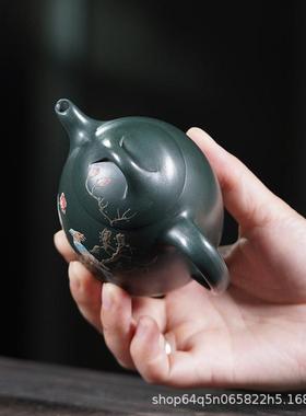 宜兴原矿正宗手工绿彩绘小秦套权20536紫砂壶鸟大容量家用泥泡茶壶装