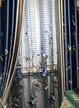 仿真丝新中式红色牡丹花蓝色牡丹花高精密刺绣窗帘牡丹绣花纱帘