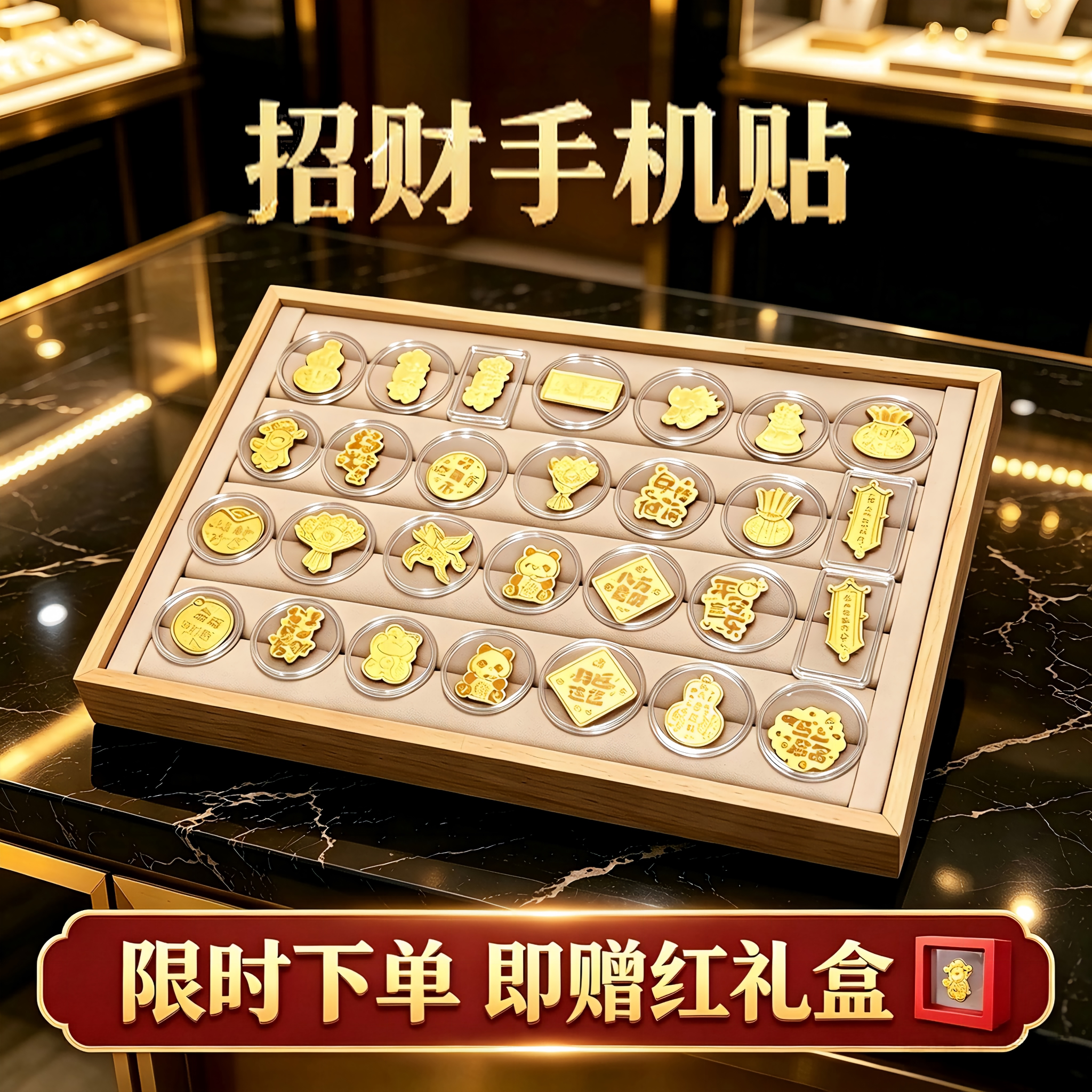 水贝招财手机贴纸饰暴富财神爷八方来财后背贴片护身符送礼定制