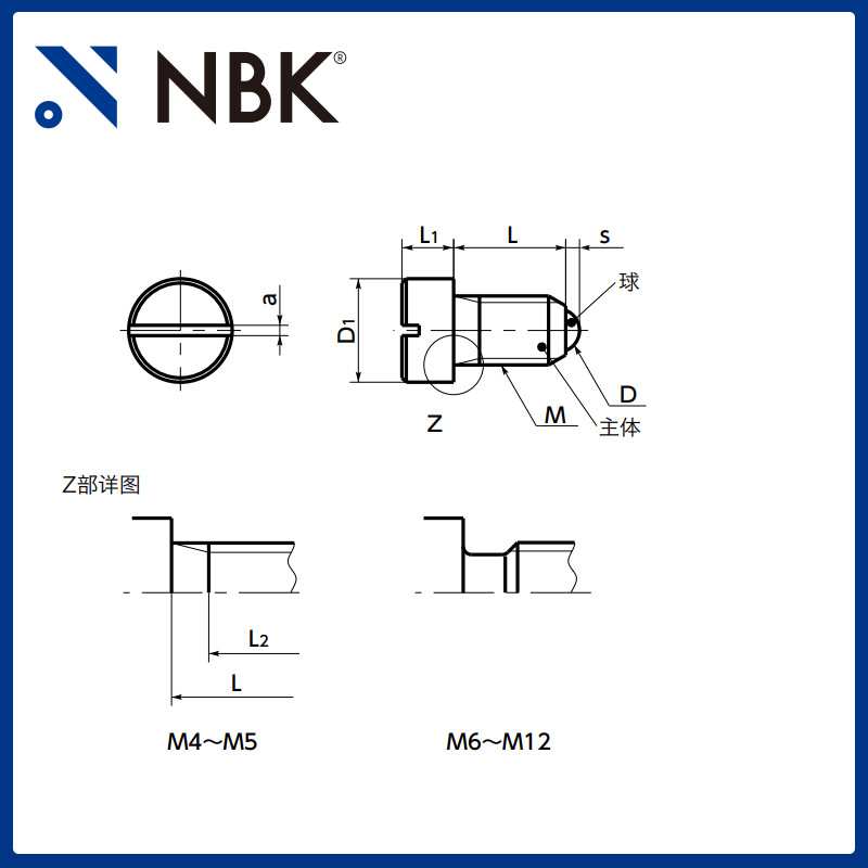 NBK PBSHS 小型球头柱塞 螺栓型弹簧柱塞不锈钢销 一字槽型厂家