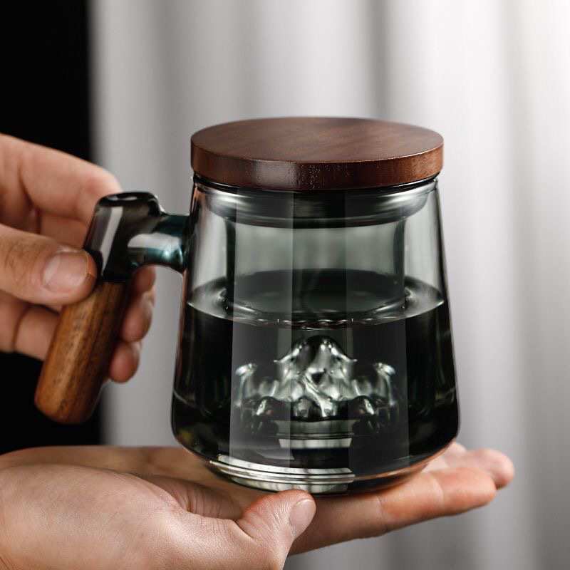玻璃茶杯耐高温高档泡茶杯木把手带盖过滤男女办公室茶杯茶水分离