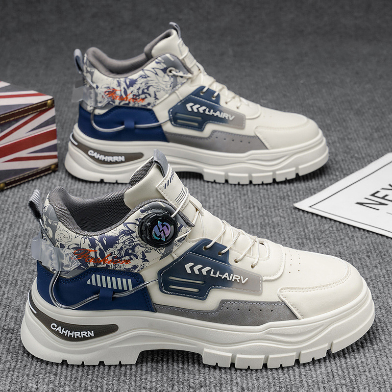 高帮男鞋秋季青少年运动防水耐磨防滑厚底休闲工装旋转纽扣马丁靴