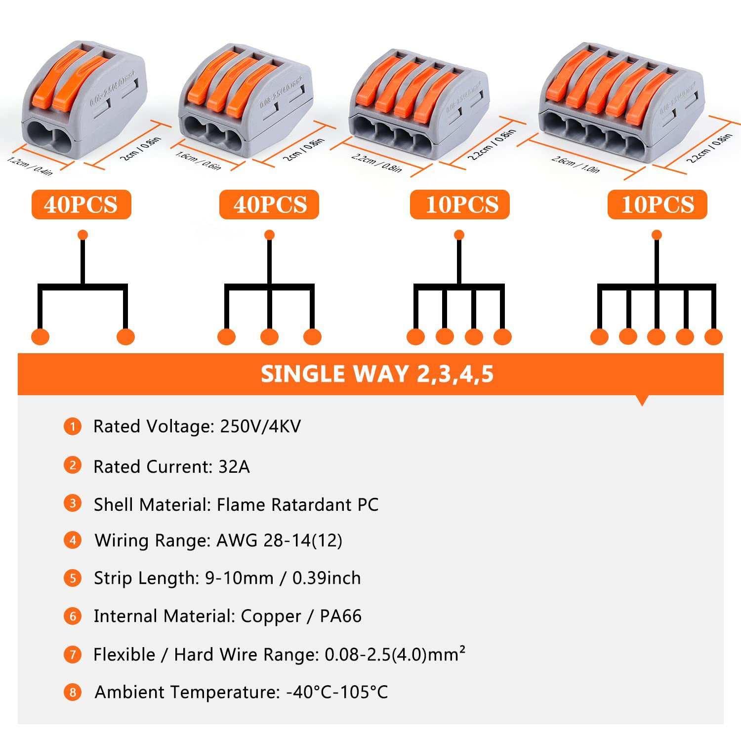 跨境  100PCS盒装 PCT快速连接器/杆杠按压式接线器2-5SPL套件