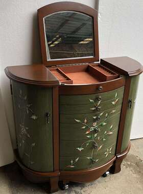 至高美梳翻盖折叠妆台堆金彩绘梳妆凳镜子组合半圆化妆台胡桃绿色