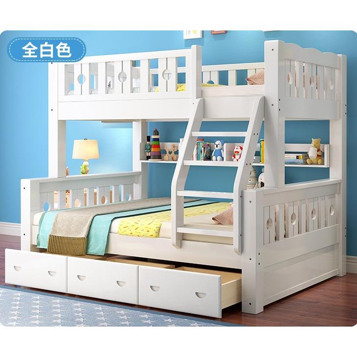 新款上下全实木白色床子母床白木双层床木床儿童男孩女孩高低白木
