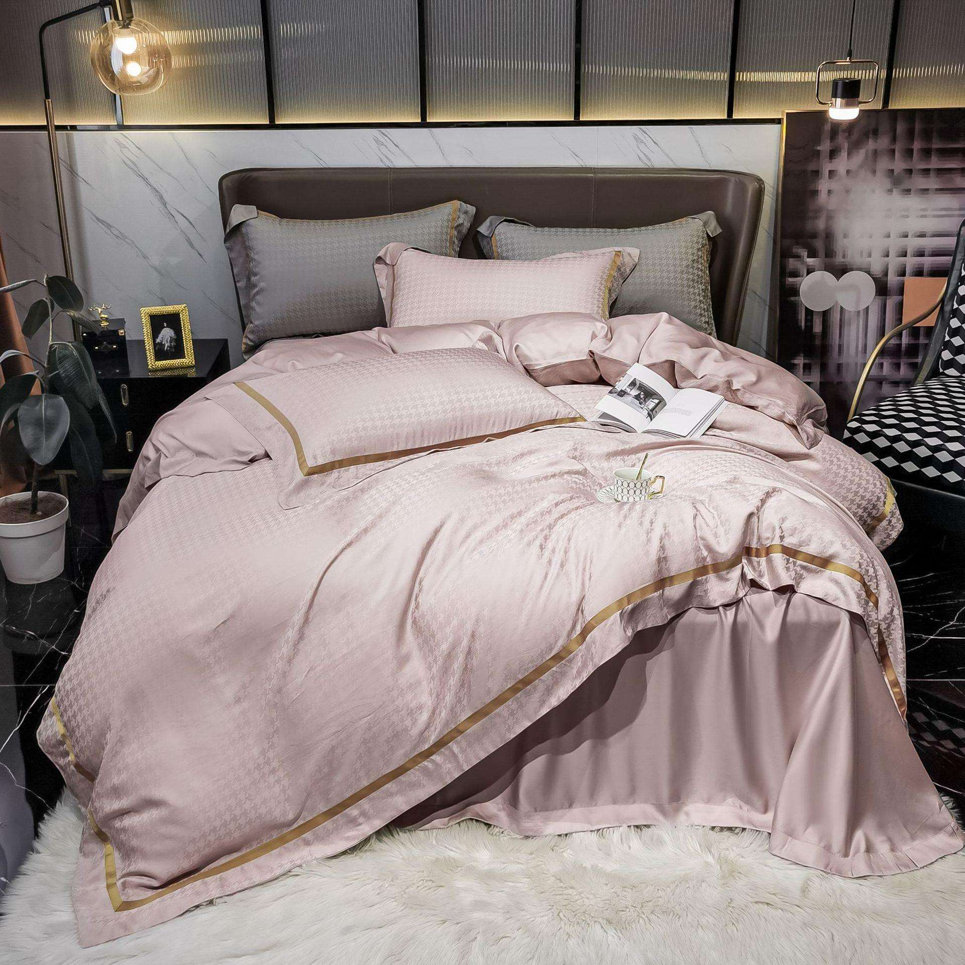 厂家新款灰色60支提花千鸟格素色四件套床单被套床上用品可机洗