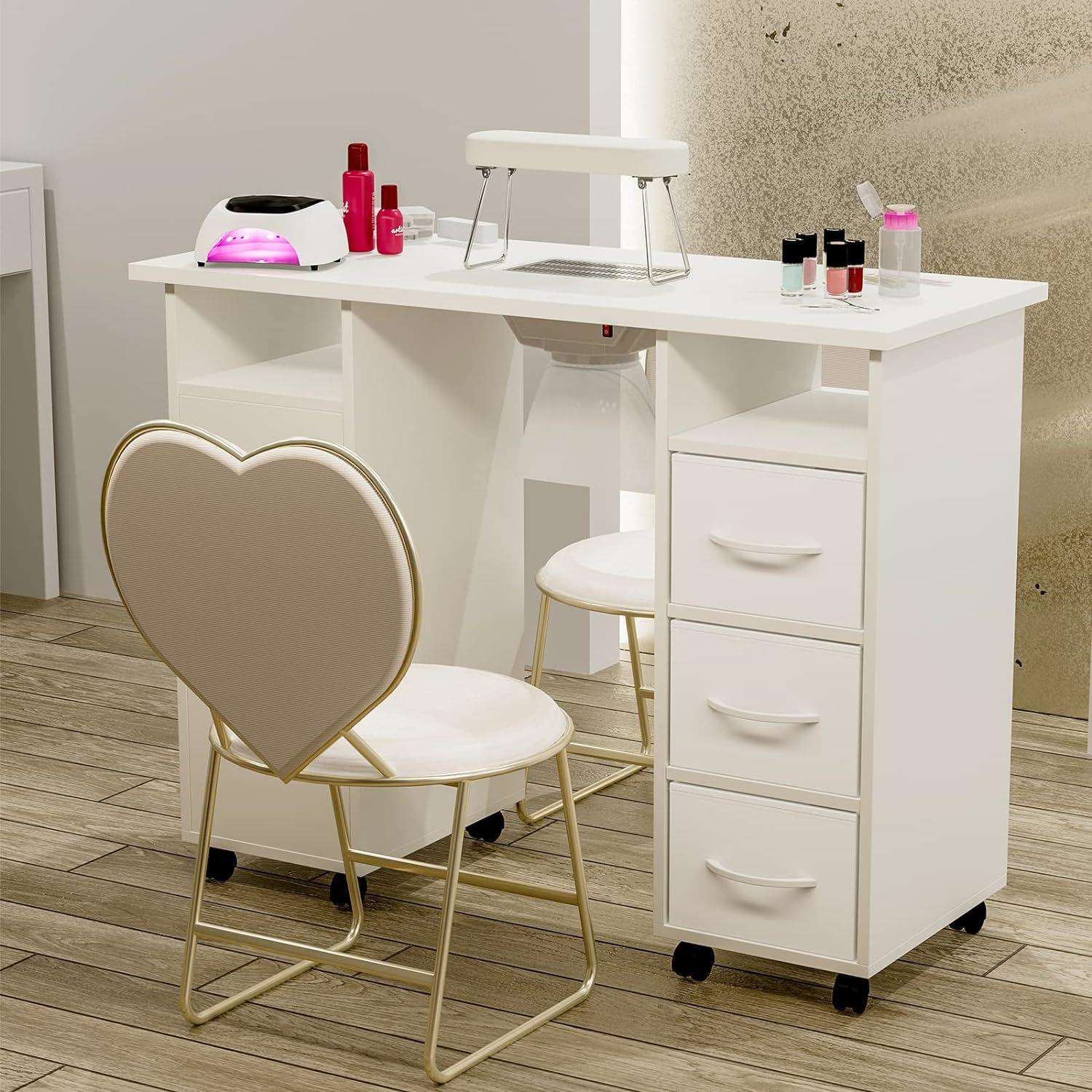 白色美甲店桌子单人美甲桌带吸尘器腕垫无纺布抽屉可锁定车轮