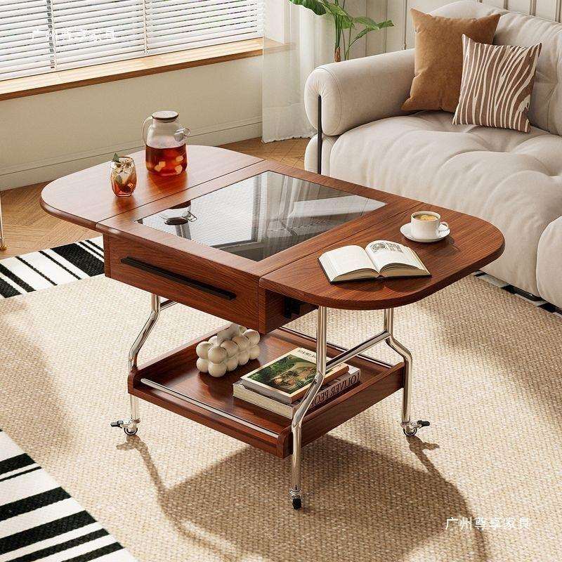 中古风可折叠茶几边几可移动收纳家用小户型客厅移动圆桌阳台推车