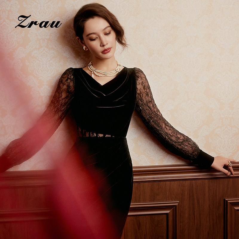 赫本风气质丝绒拼接中长裙