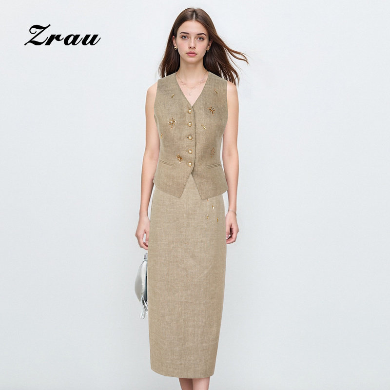 ZRAU轻奢时尚V领短款马甲半身裙2025冬季新款亮钻设计两件套套装