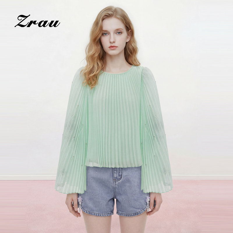 ZRAU小清新羽毛流苏压褶设计雪纺衫2026夏季新款宽松优雅上衣女