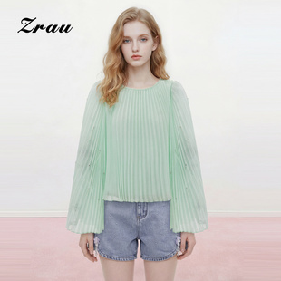 ZRAU小清新羽毛流苏压褶设计雪纺衫2026夏季新款宽松优雅上衣女