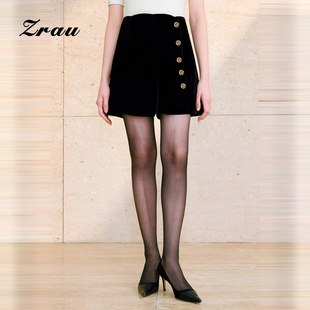 纽扣设计高腰短裤 新款 女2026春季 ZRAU赫本风丝绒宽松直筒裤