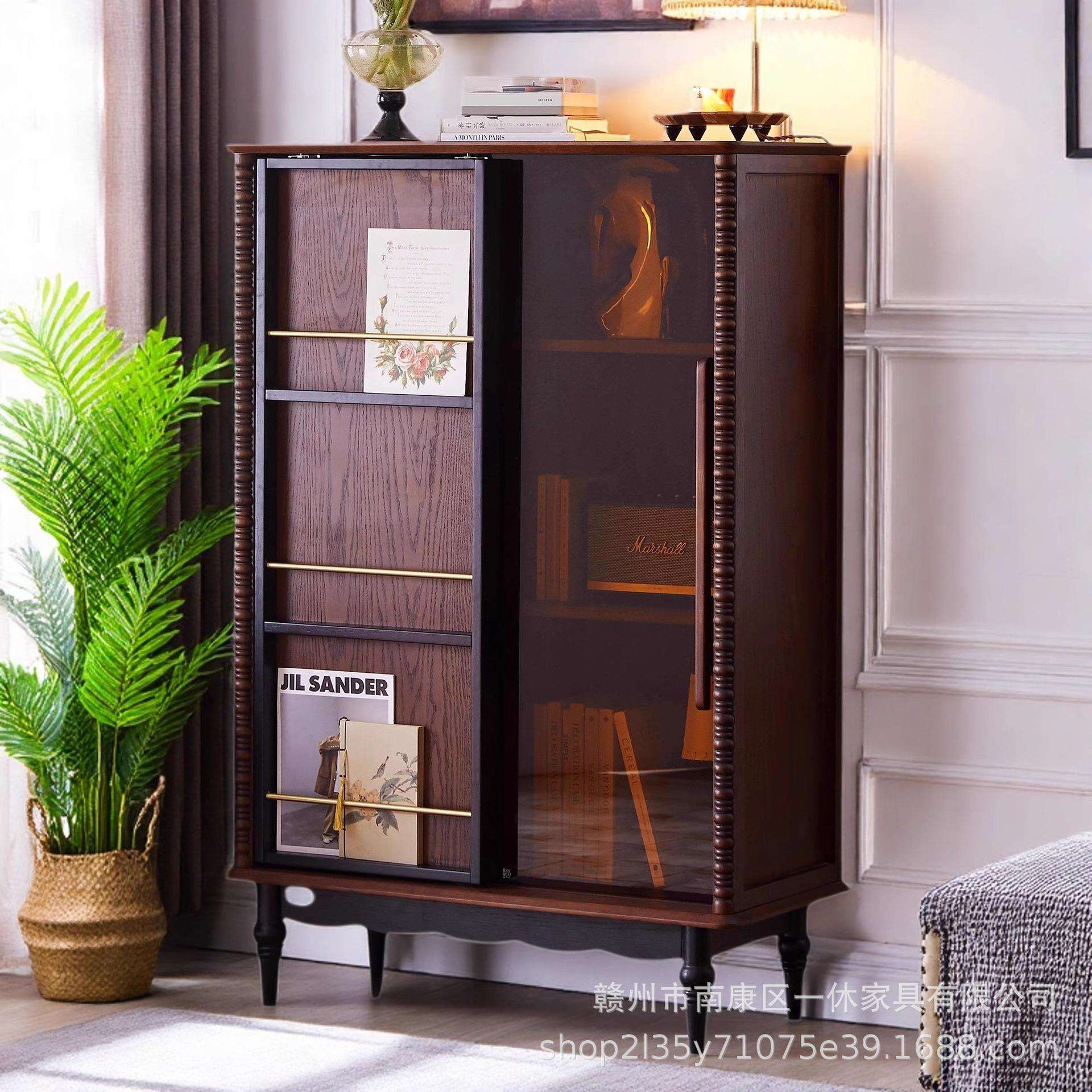 法式复古实木书柜客厅靠墙储物柜卧室收纳柜展示柜中古风实木书柜