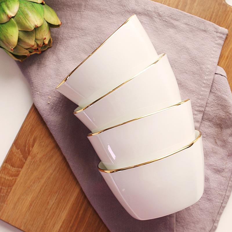 4只装日韩四方小碗家用金边陶瓷碗米饭碗大号骨瓷吃饭碗面碗汤碗