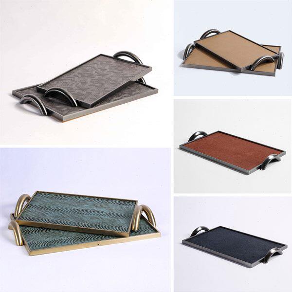 现代简约皮质双耳把手长方形金属托盘创意样板房间桌面装饰品摆件